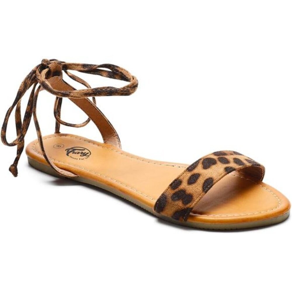Women's Leopard Lace Up Strappy Sandals Open Toe Tie Up Ankle Wrap Flat Shoes